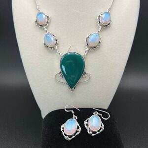 Sterling Silver Green Onyx Opalite Necklace Earring Set 925 Witchy Ethereal Boho